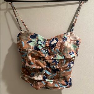 Aritzia Wilfred Brown and Blue Ruched Bustier Crop Top